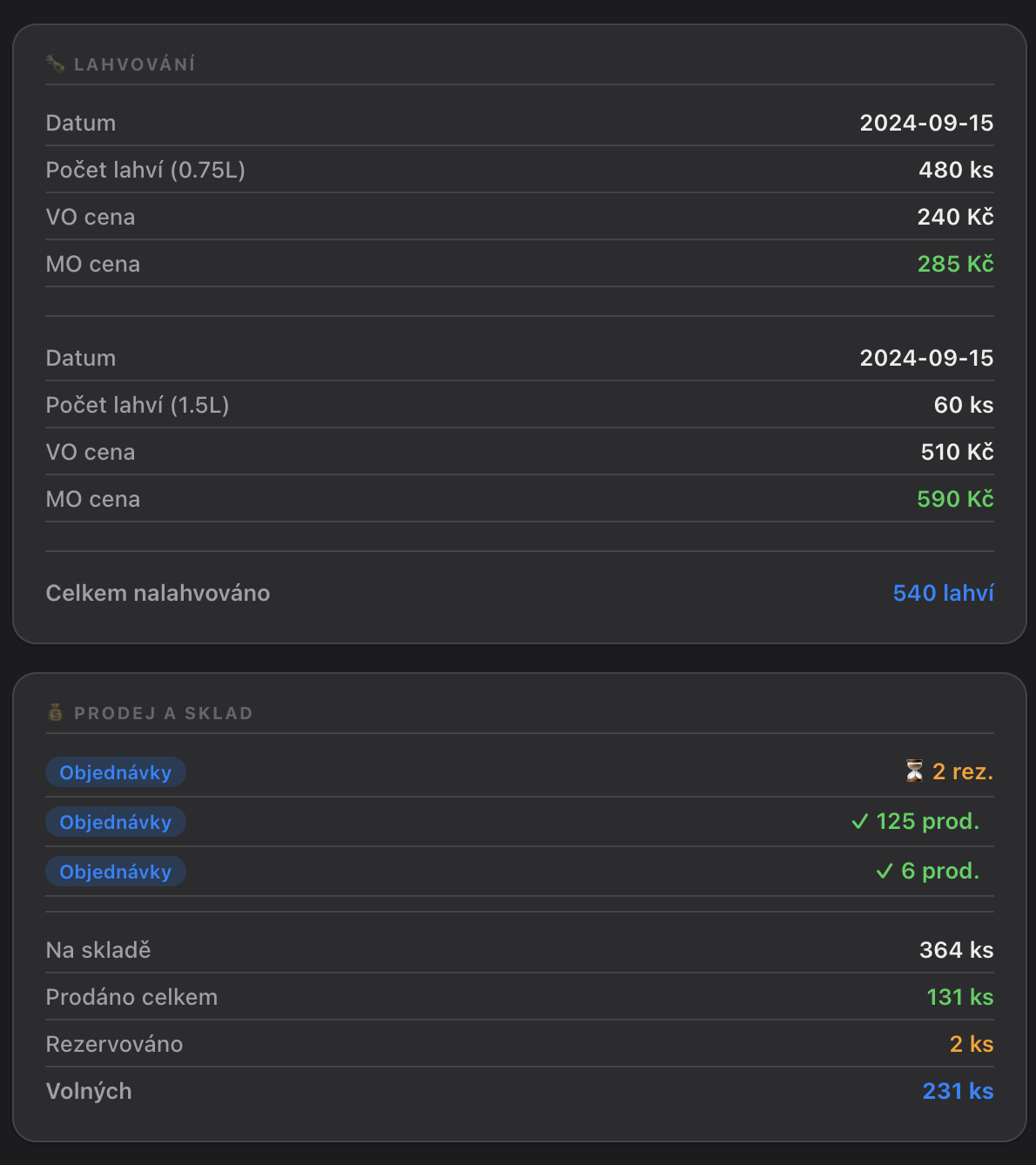 Lahvování a prodej ve VineOS